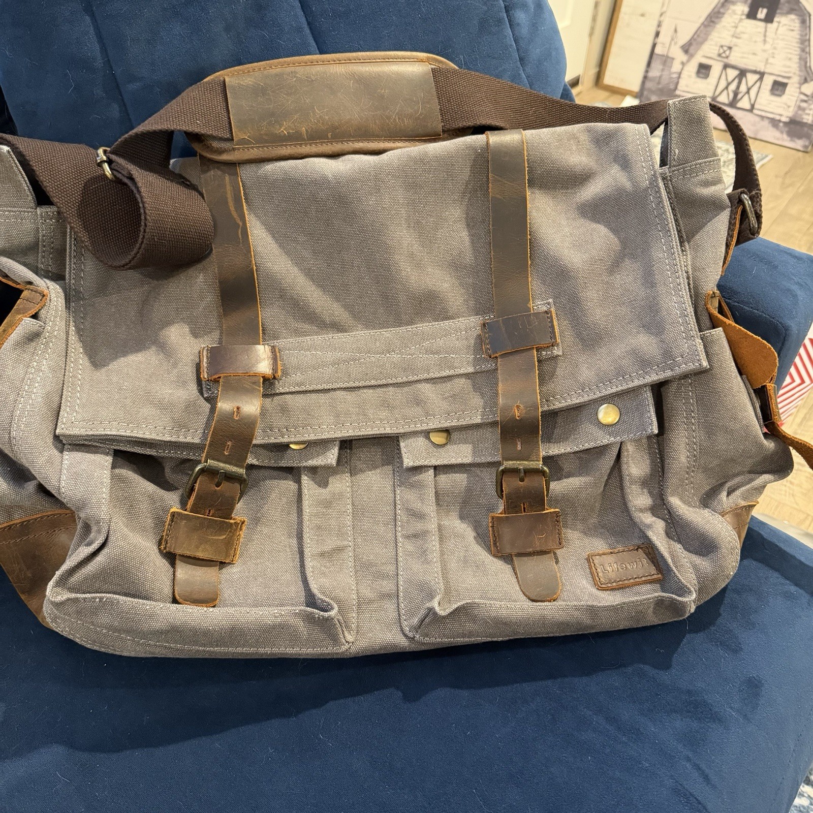 Lifewit Messenger Bag Gray Canvas Brown Leather Satchel Cros