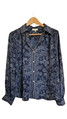 Max Studio Damen Bluse L Blau Blumenmuster Casual Polyester Langarm