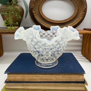 Vintage Mid Century Fenton Hobnail Opalescent Glass Ruffled Bowl Candy Dish
