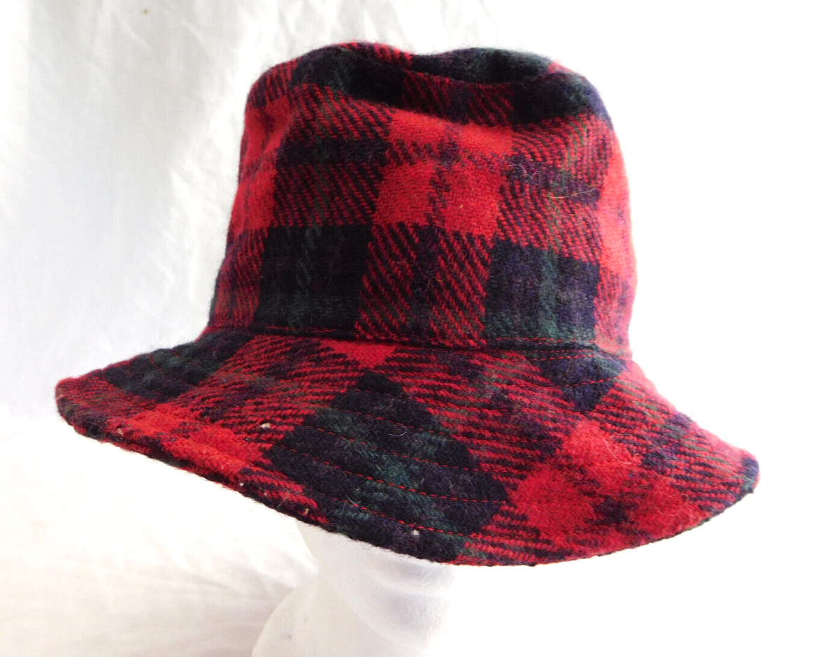 Vintage Banana Republic Bucket Hat Cap 100% Wool Red Plaid Medium Large
