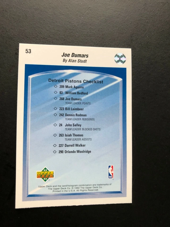 Nice 1992 JOE DUMARS Upper Deck Basketball Card # 53 Made in USA - Image 4 of 4