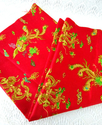 Red Chinese Phoenix Dragon Print Fabric piece Taffeta Lining Polyester 2 Yards +