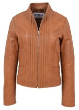 Womens Real Leather Biker Jacket Casual Standing Collar Style Ladies Ivy Tan