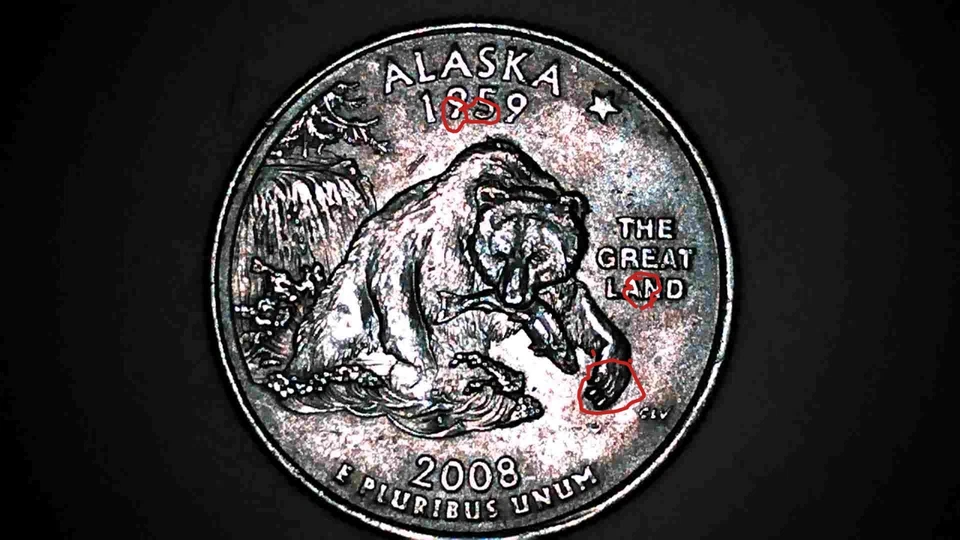  2008-P Alaska State Quarter Claw Die Chip Error  MULTIPLE ERRORS Drool Error - Image 2 of 4
