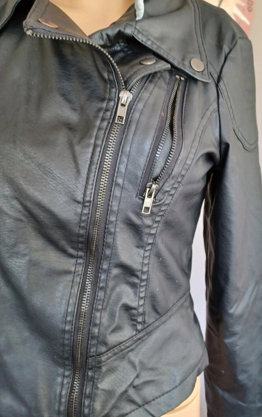 VETEMENTS Felpa nera con cappuccio Wet Seal ecopelle grigia cappuccio zip tasche foderata taglia M