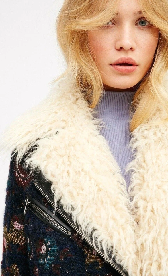 Free People Jacquard Wool Faux Fur Jacket Coat Navy Floral Tapestry OB524703 - Image 2 of 4