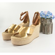 Tory Burch Selby Old Gold Calf Leather 105mm  Platform Espadrille Wedge Heels 10