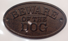 Rustic Cast Iron "BEWARE OF THE DOG" Oval Plaque Sign Fence Warning