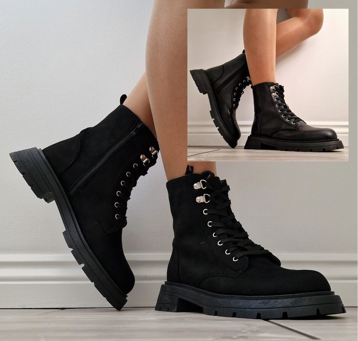 Womens Black Wide Fit Ankle Boots Chunky Sole Zip Lace Up Platform Combat  Shoes