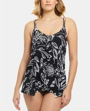 $114 NWT Swim Solutions Black Floral Bloom One Piece Swimdress 18 yse0622R