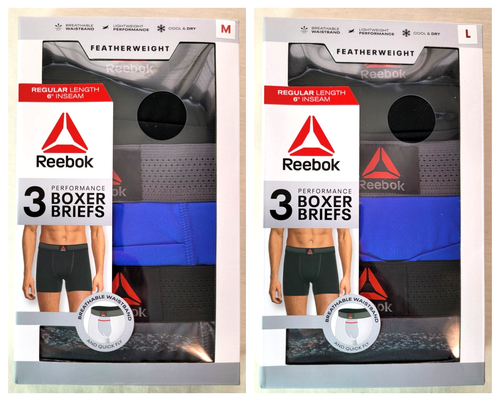 Reebok Boxer Briefs 6" 3 Pack L Blue Black Gray Performance Featherweight New