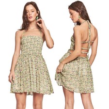 Mini abito donna svasato floreale spalline schiena nuda con stringhe punto smock