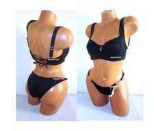 VICTORIA SECRET SWIM 38D-L Lace Up Top Bikini Set Chain Strap Brazilian Bottom