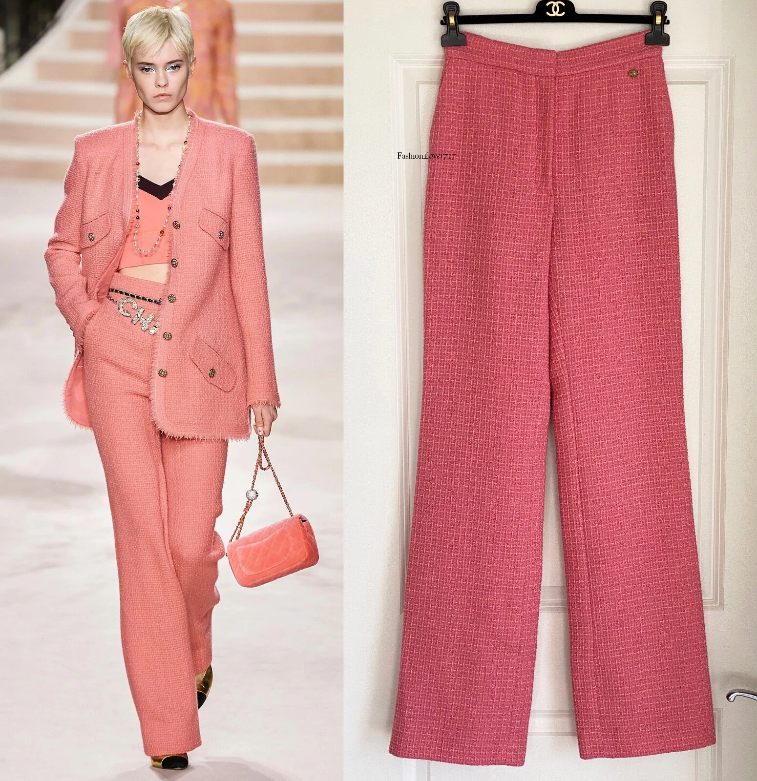 PANTALONI PANTALONI CHANEL 20A RUNWAY ORO TWEED ROSA NUOVI CON ETICHETTE 38