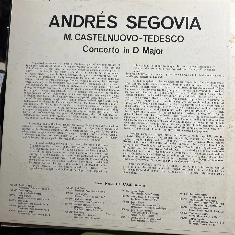 Andres Segovia - Concerto in D Major -FIRST PRESS Vinyl Tedesco Ponce Classical - Image 2 of 4