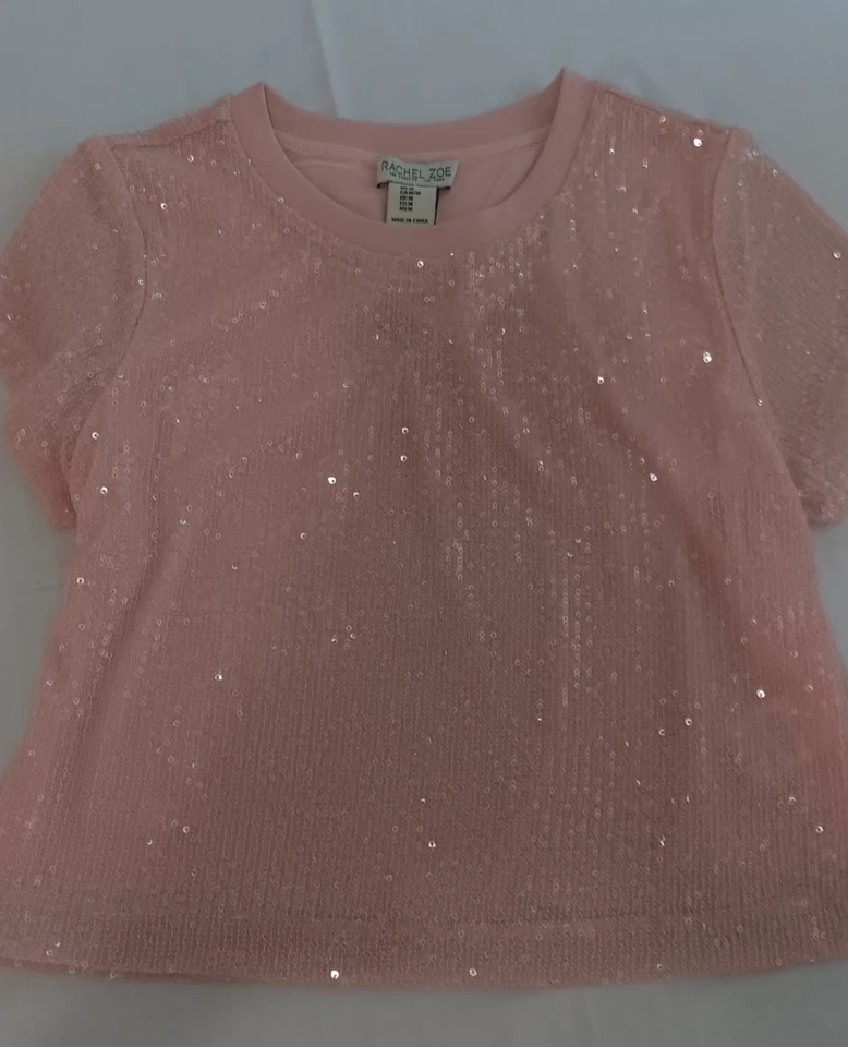 Top de mujer Rachel Zoe mediano rosa lentejuelas manga corta talla M $19 Foto 2 de 4