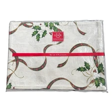 NEW Lenox 4 Cloth Placemats Holiday Nouveau Christmas Holly Plaid 18”x13” VTG