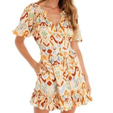 Allison Alice Puff Sleeve V Neck Mini Dress Ivory Ikat Cotton Lined XS 2 NEW