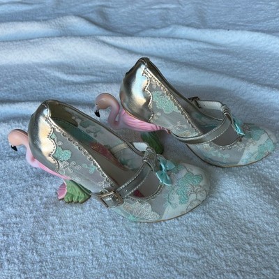 Irregular Choice Flamingo Heels Gold Mint Floral Lace Mary Jane Pumps Size 37