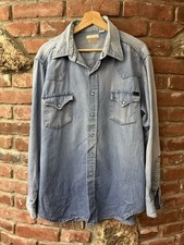 Vintage 60s 70s Sears Western Wear Denim Pearl Snap Button Up Shirt XL Distress