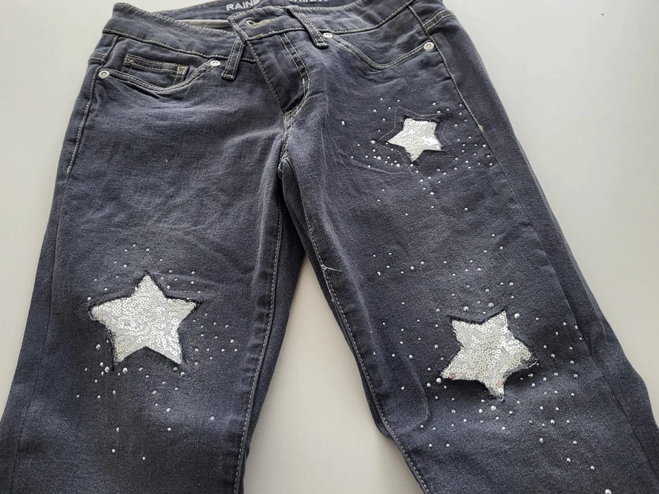 Jeans Rainbow Skinny Gr. 34 mit Glitzer Sternen und Glitzer Steinen in Grau Grey - Bild 4 von 4