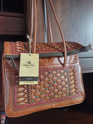 Patricia Nash Tan Piola Carved Lineage  Leather Fold Over Shoulder Bag Western