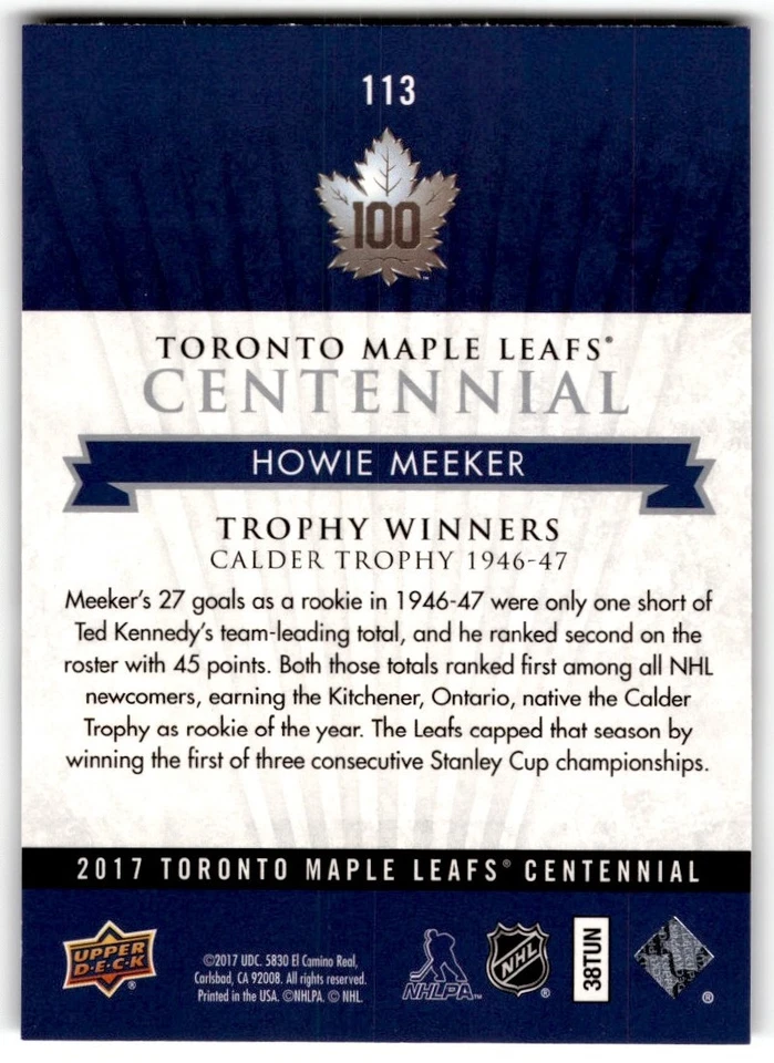 Howie Meeker 2017-18 Upper Deck Toronto Maple Leafs Centennial SP #113 - Image 2 of 2