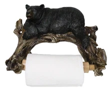 Rustic Lazy Black Bear Resting On Tree Branch Toilet Paper Holder Figurine 8"L