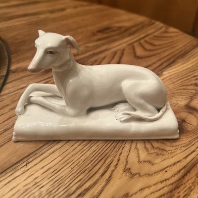 Vintage White Ceramic Greyhound Dog on Pillow Figurine Made in Italy 