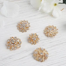 5 GOLD Metal Assorted Brooches Floral Pins with Rhinestones Party Decorations