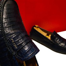 $1549.00!! PRADA MEN RARE RUSTY BLUE CROCODILE LEATHER LOAFERS SHOES UK SIZE 9