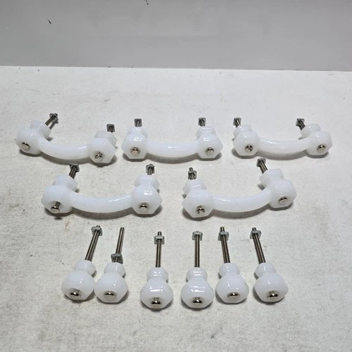 11 Vtg Milk Glass Drawer Handle Knob Pulls Hex Shape w/ Hardware