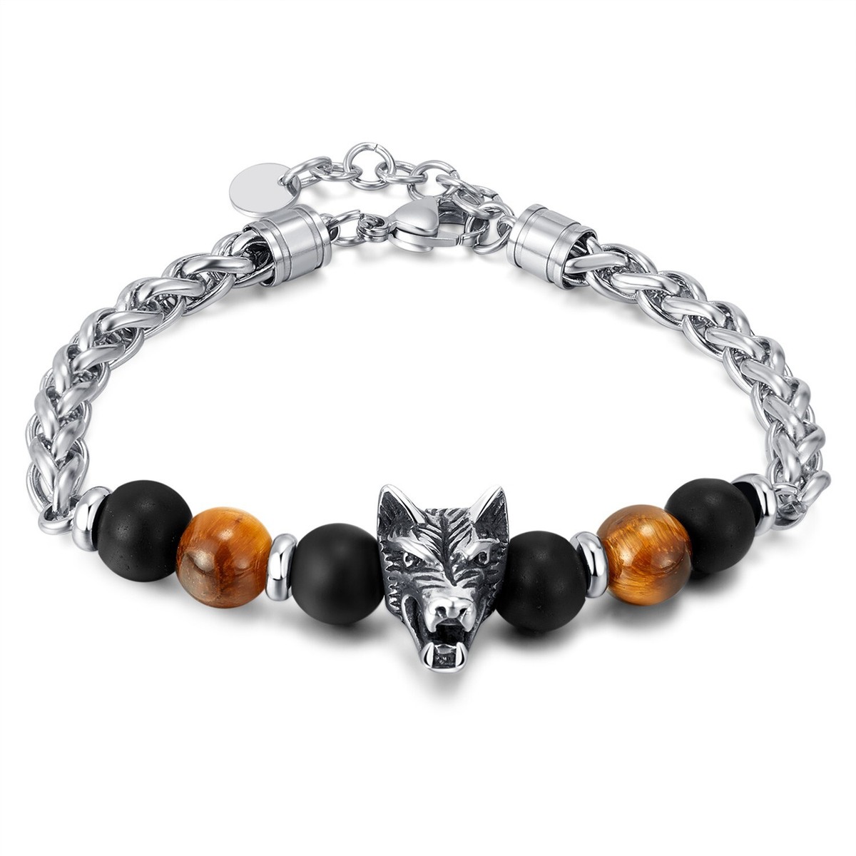 Stainless steel Biker Wolf Tiger's Eye Stone Beaded bracelet Braided chain 