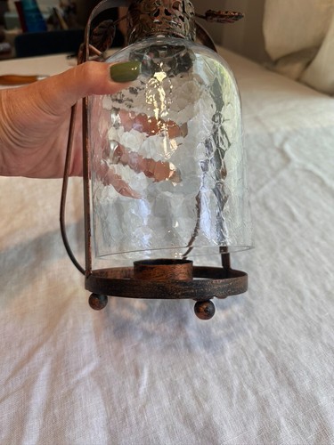 Linterna de vela vidrio craquelado con marco de cobre colibrí India vintage 12,5" - Imagen 11 de 24