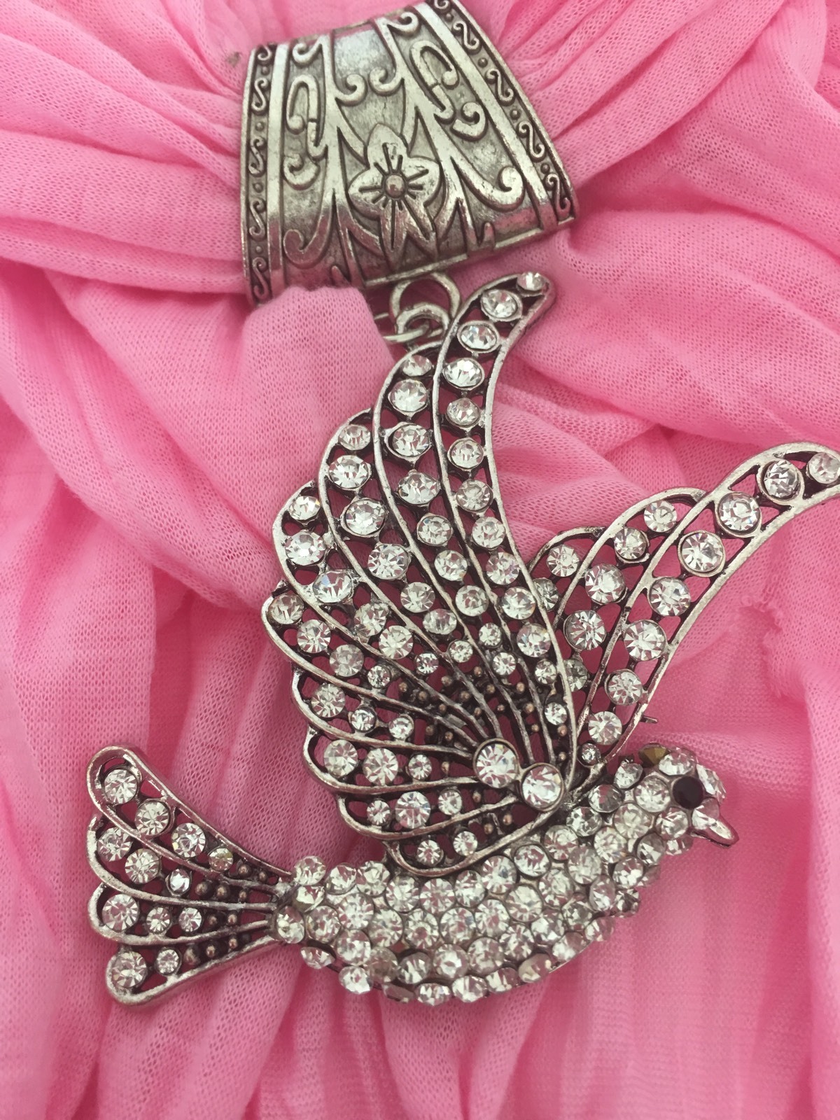 Silver Beaded Diamond Pink Bird Scarf Wrap by J Francis Designer Fashion  -image