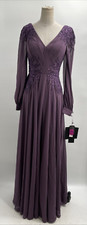 Morilee MGNY 72717 Iris Purple Chiffon Bishop Sleeves Beaded V-Neck Gown Size 4