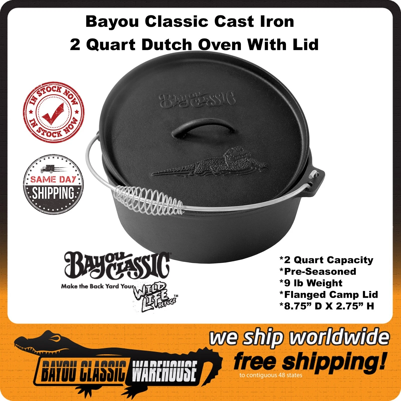 Bayou Classic Cast Iron 2 Qt Dutch Oven W/Lid 8.75"D X 2.75"H Preseasoned 7402