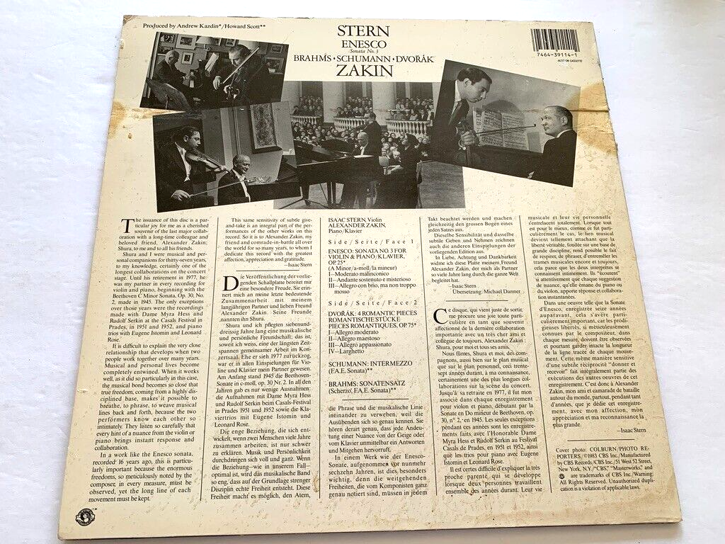 ISAAC STERN NM- Brahms DVORAK Schumann ENESCO Alexander Zakin