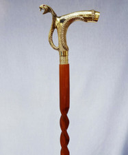 Brass Polish Handle Walking Stick Wood Snake Walking Cane W/Etched Ring Cobra