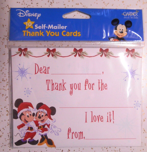 10 Disney Christmas MICKEY & MINNIE MOUSE Fold-over w/Seals Notecards THANK YOU