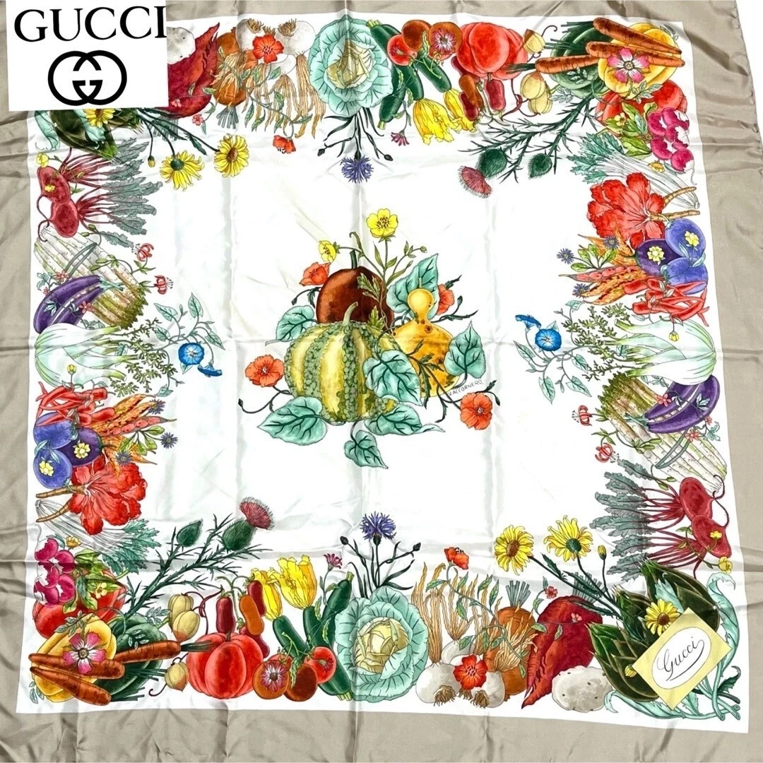 Authentic GUCCI Scarf Flower Vegetable Pattern Multicolor Silk 87 x 87cm
