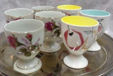 Vtg Estate Find ~ Lot/7 Ceramic MOSS ROSE + CASED Egg Cups 