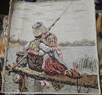 Vtg Tapestry Scene Boy and Girl Fishing. Lovers Romantic Young Love Frameable