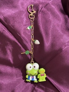 Sanrio Keroppi Green Frog Keychain Charm, Gold Tone Belt Chain, Metal/Plastic