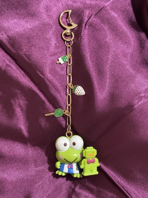 Sanrio Keroppi Green Frog Keychain Charm, Gold Tone Belt Chain, Metal/Plastic