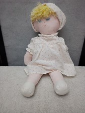 Vintage Eden Toys Cloth Prairie Doll Blonde Yarn Hair White Floral Dress Hat
