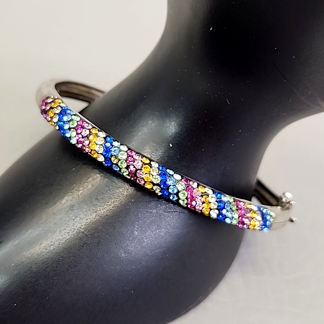 Rhinestone Bangle Bracelet Hinged Multicolor Glas… - image 3