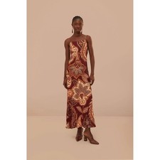 FARM Rio Maxi Slip Dress Paisley Print Burgundy Orange XL