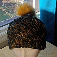 Handmade Chunky Knit Beanie Hat with Yellow Faux Fur Pom Pom Multicolor