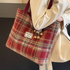 Classic Plaid Tote Bag with Detachable Charm,Two Sizes ,Practical Daily Carryall